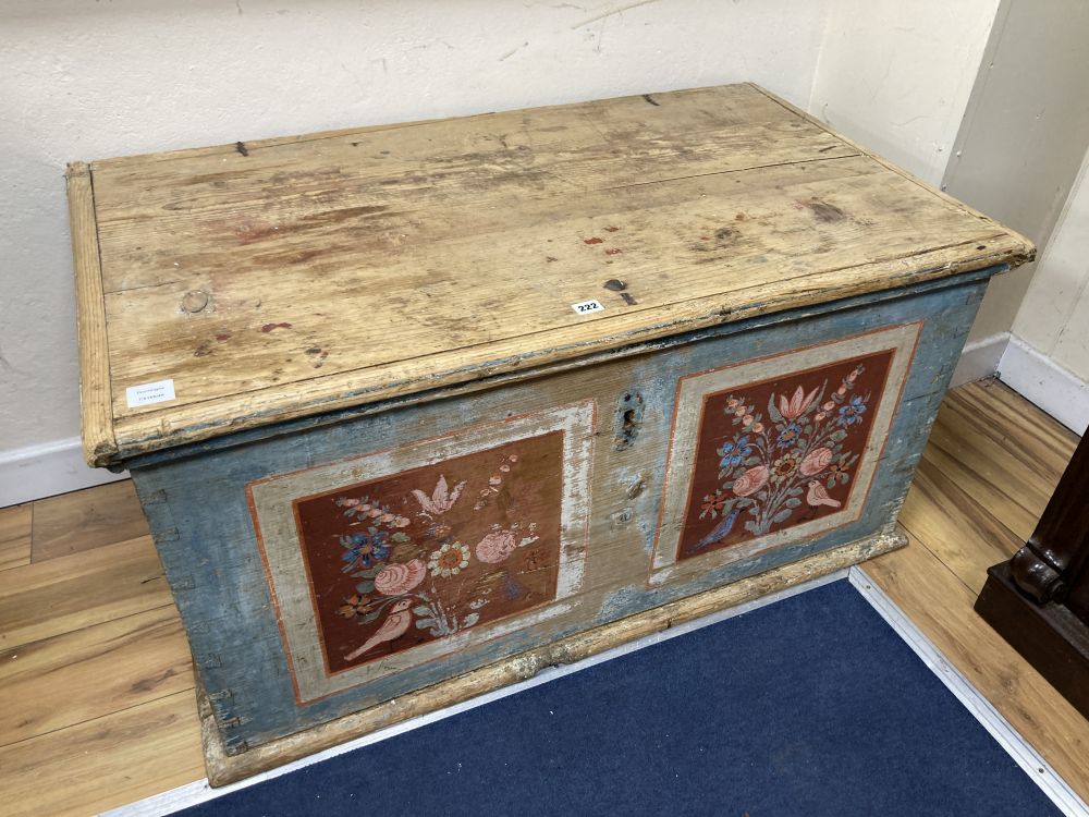 A Swiss blue / floral painted pine coffer, width 110cm depth 62cm height 56cm